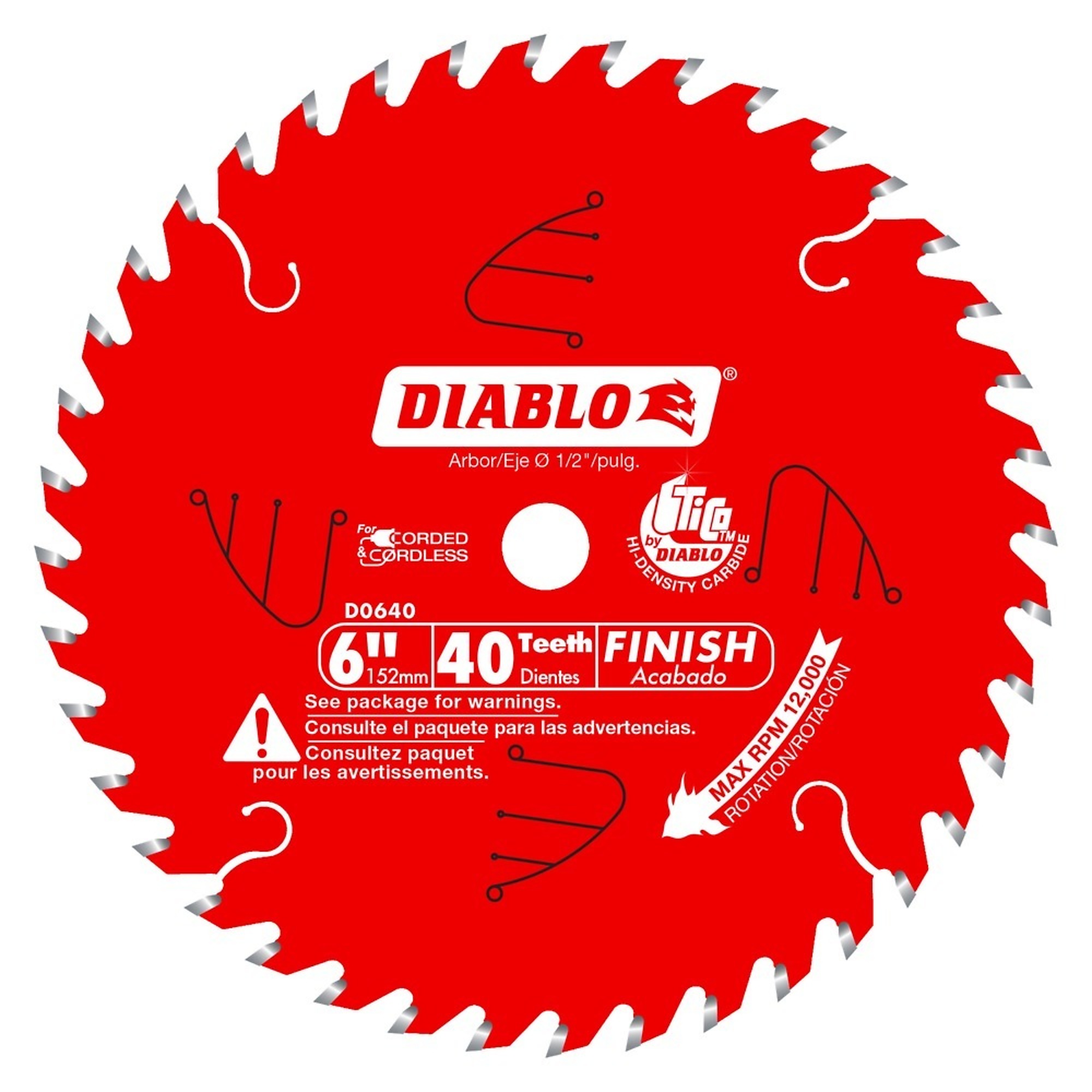 Diablo, 6 x 40 Finish Saw Blade, Blade Diameter 6 in, Teeth Per Inch 40 TPI, Included (qty.) 1, Model# D0640X